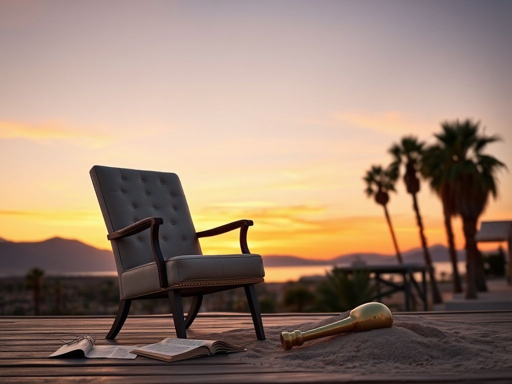 Flick International Empty Hollywood starlet's chair on a wooden deck at sunset in Palm Springs