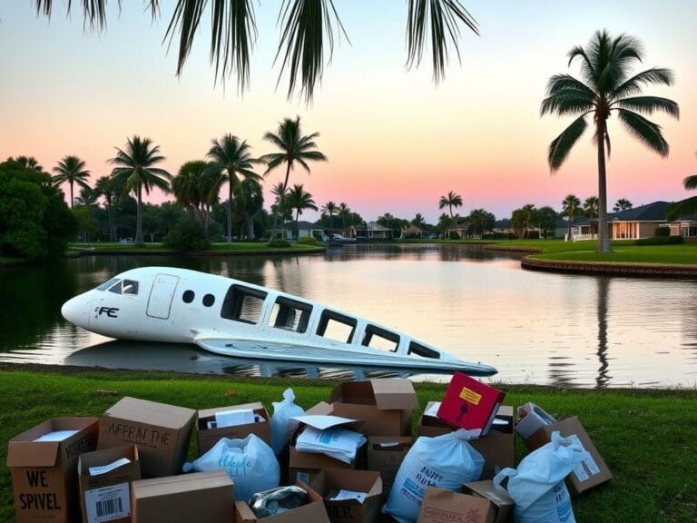 Flick International Remnants of an airplane fuselage partially submerged in a serene Florida landscape at dawn
