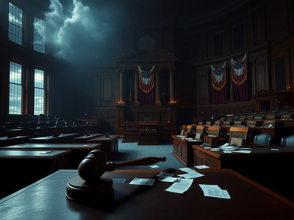 Flick International Empty Senate chamber with dim lighting and abandoned gavel