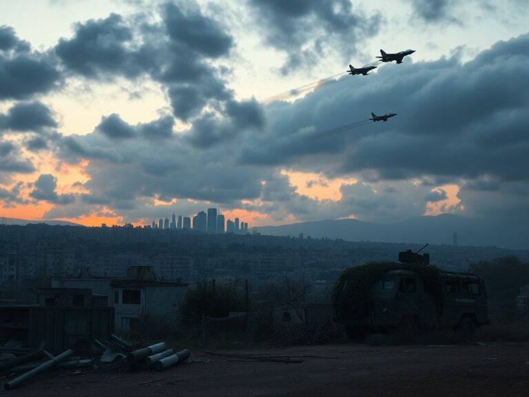 Flick International Crumbling urban skyline of Lebanon at dusk with remnants of conflict