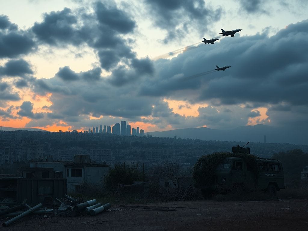 Flick International Crumbling urban skyline of Lebanon at dusk with remnants of conflict