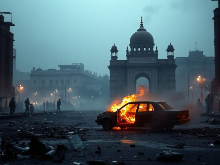 Flick International Aftermath of explosions in India and Pakistan with a damaged car near historical monument