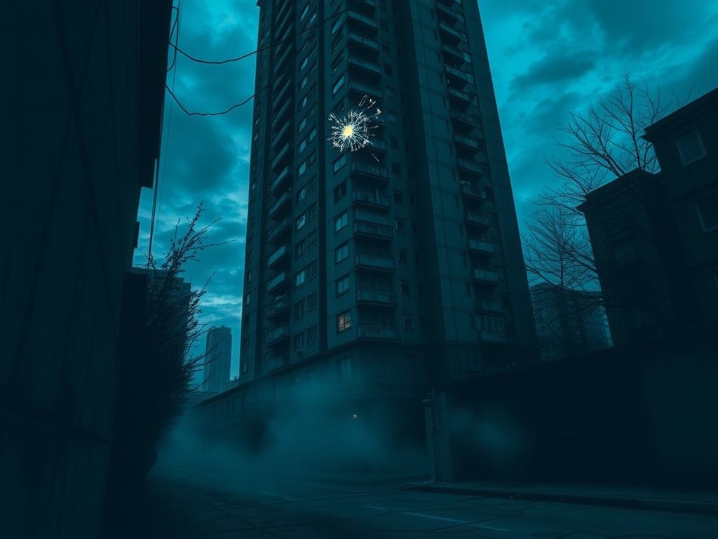 Flick International Broken ninth-floor window of a tall apartment building, shards of glass scattered, illustrating a scene of crime.