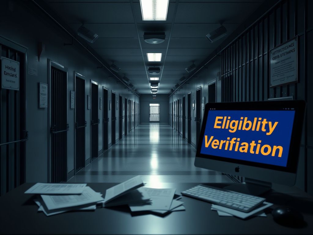 Flick International Dimly lit corridor in a correctional facility with security features and empty desk