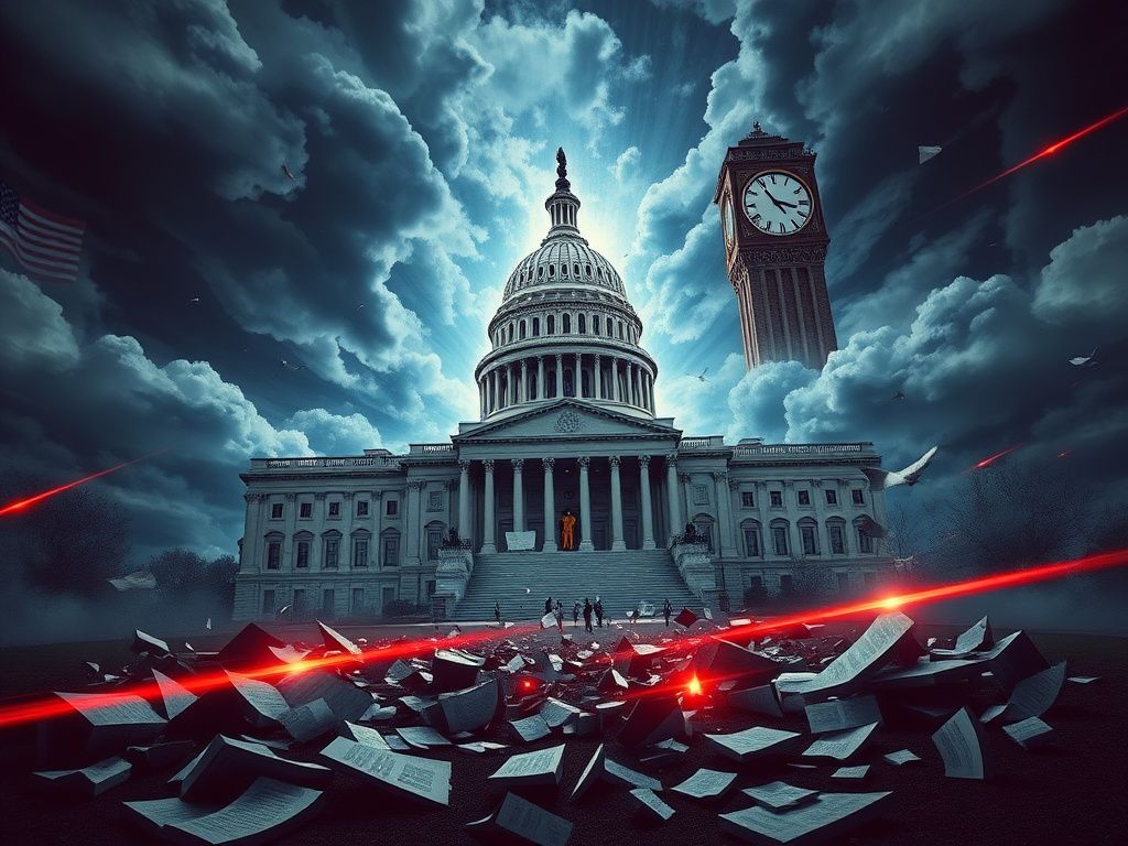 Flick International Chaotic scene of the Capitol building under stormy skies symbolizing political turmoil