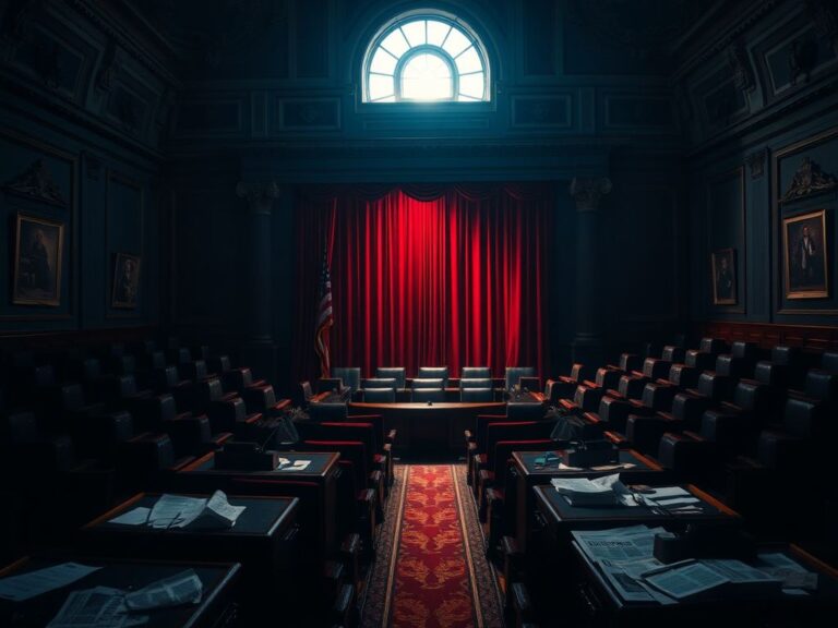 Flick International Dimly lit U.S. Senate chamber with empty seats representing political absence and tension.