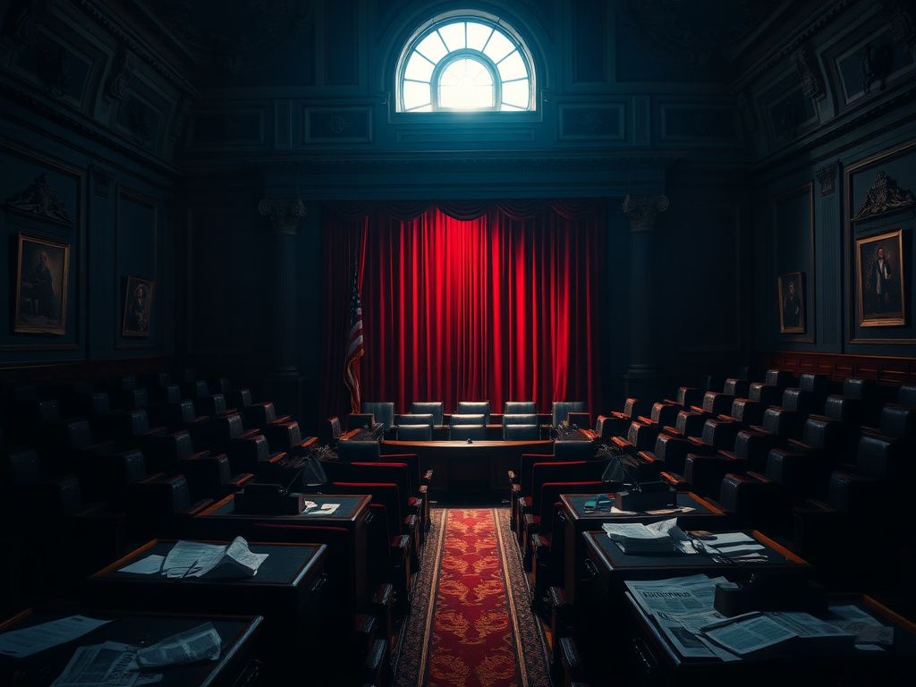 Flick International Dimly lit U.S. Senate chamber with empty seats representing political absence and tension.