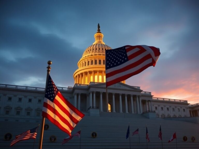 Flick International Empty U.S. Capitol building at sunrise with American flag and military insignias