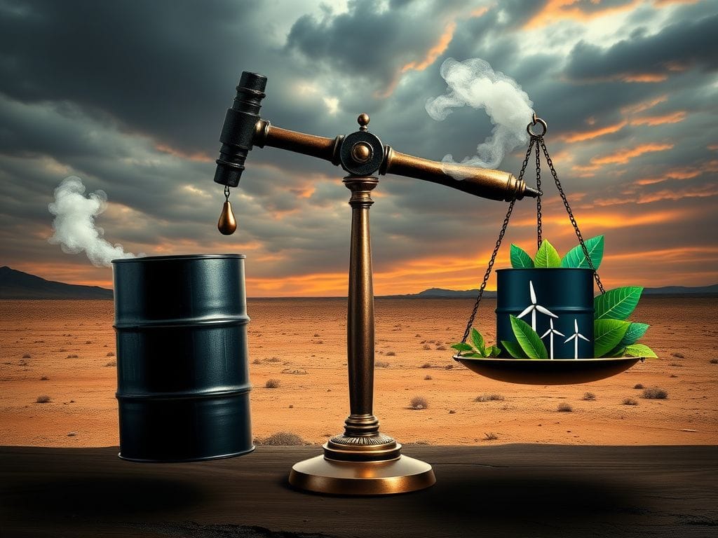 Flick International Surreal courtroom scene depicting the conflict between fossil fuels and environmental protection