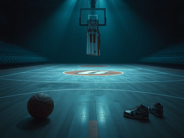 Flick International Empty basketball court with a weathered ball symbolizing Michael Ray Richardson's legacy