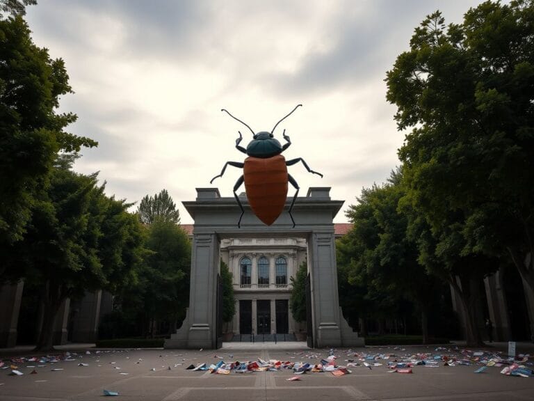 Flick International A large cardboard bug suspended in the air at UC Berkeley's Sather Gate during a Turning Point USA event protest