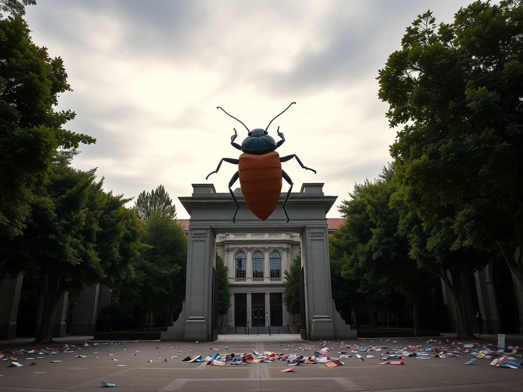 Flick International A large cardboard bug suspended in the air at UC Berkeley's Sather Gate during a Turning Point USA event protest