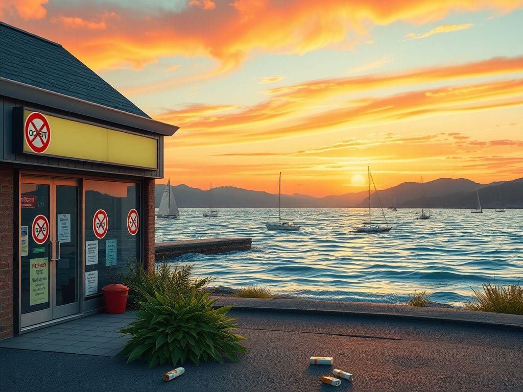 Flick International Serene coastal town at sunset with sunset hues and a deserted convenience store showcasing 'No Tobacco Sales' signs