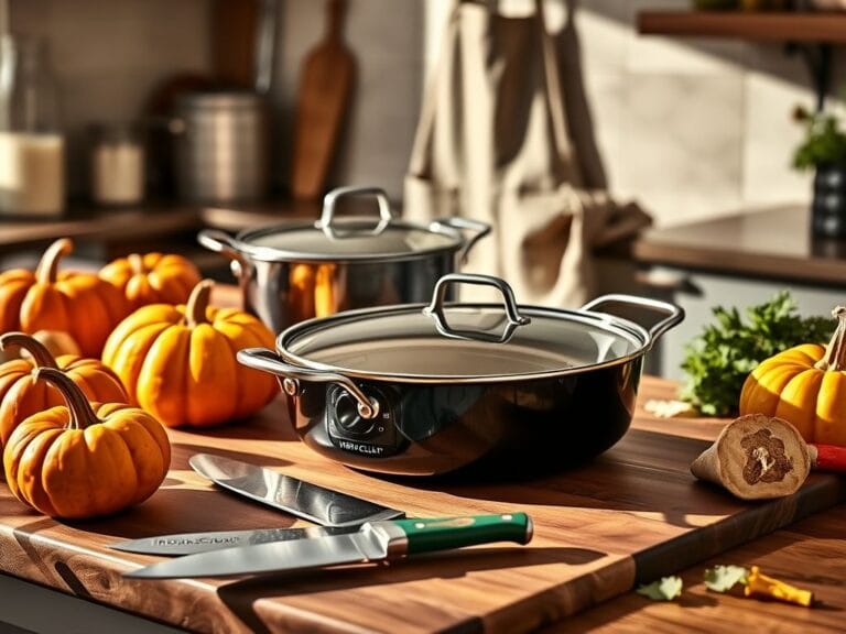 Flick International A beautifully arranged Thanksgiving kitchen scene with HexClad cookware and autumn vegetables.