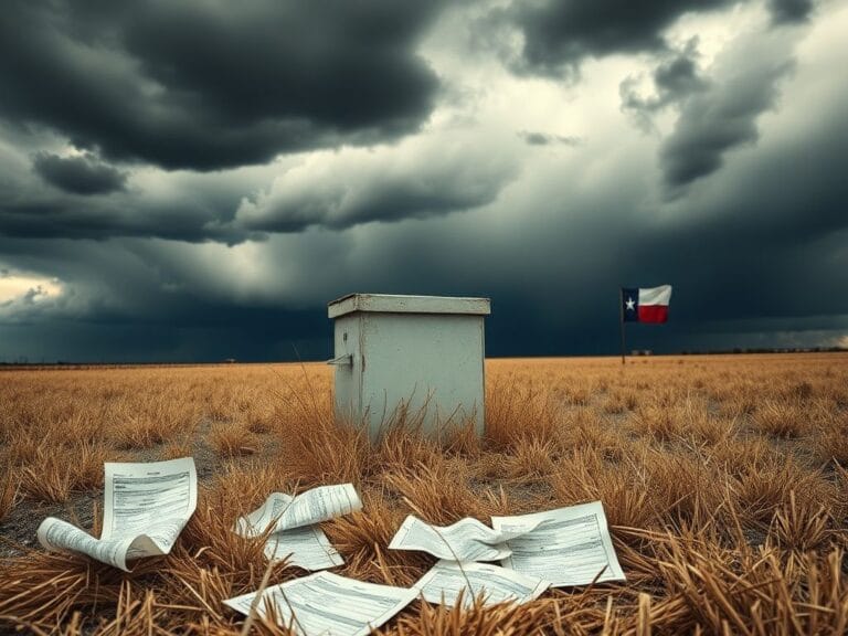 Flick International A desolate Texas landscape featuring a weathered ballot box in a barren field under a stormy sky.