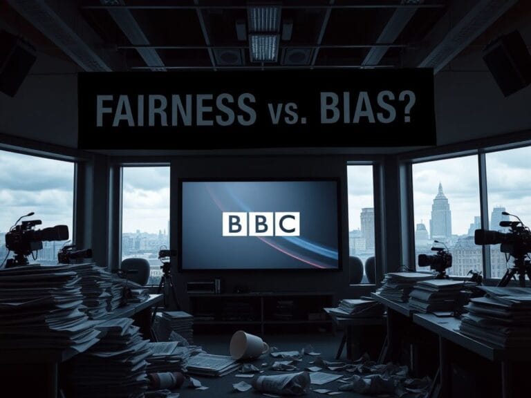 Flick International Dimly lit newsroom filled with newspapers and broadcast equipment capturing the tension over BBC's Trump documentary scandal