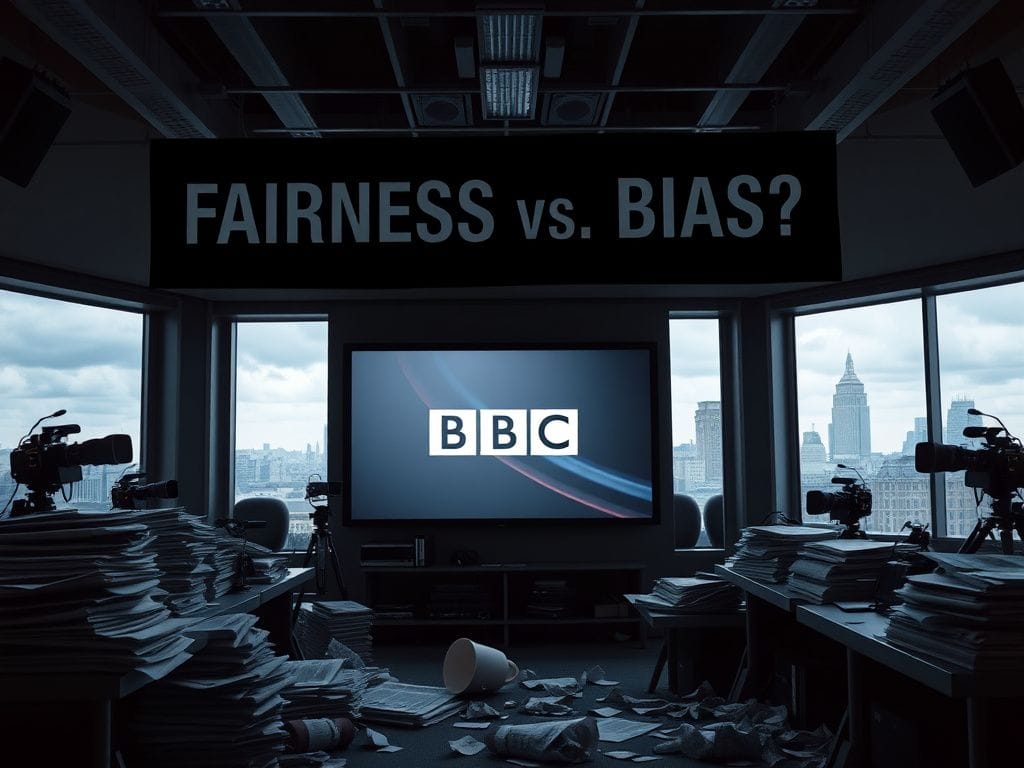 Flick International Dimly lit newsroom filled with newspapers and broadcast equipment capturing the tension over BBC's Trump documentary scandal