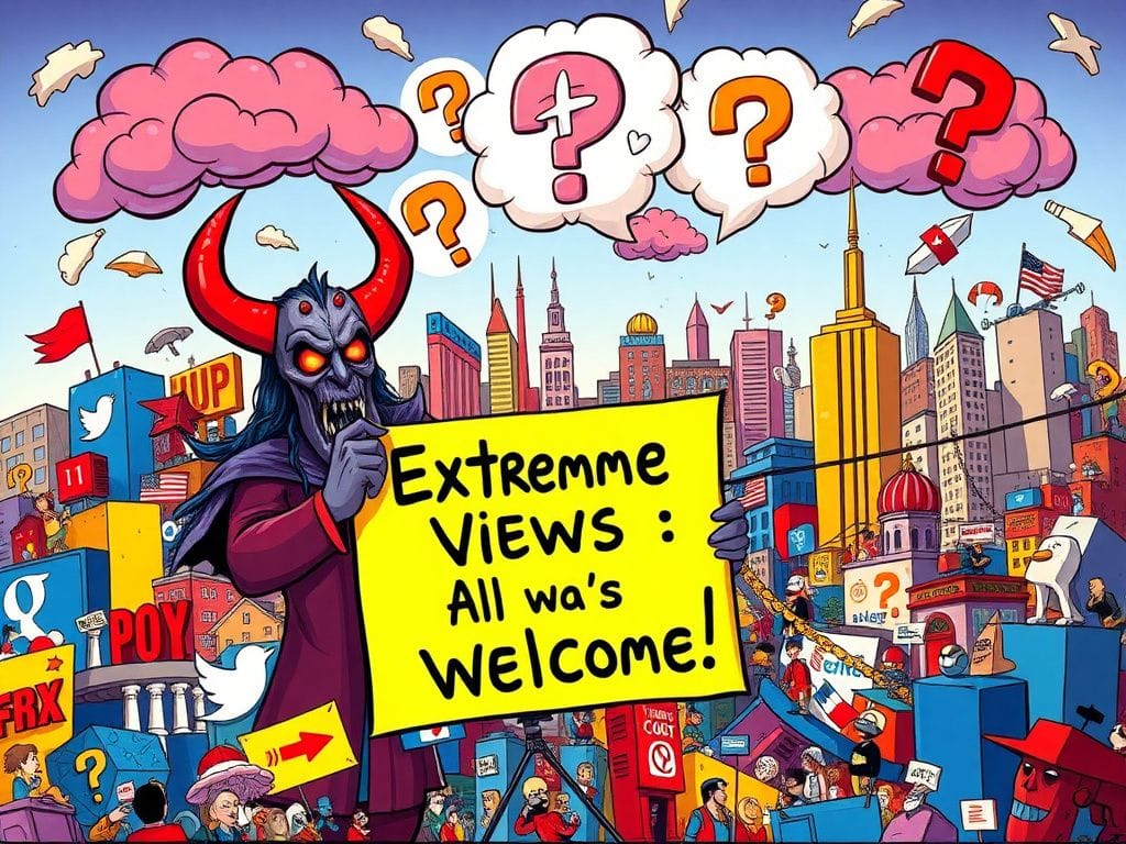 Flick International Cartoon-style illustration of a chaotic political landscape featuring an exaggerated 'satanic' figure holding a sign that reads 'Extreme Views – All Are Welcome!'
