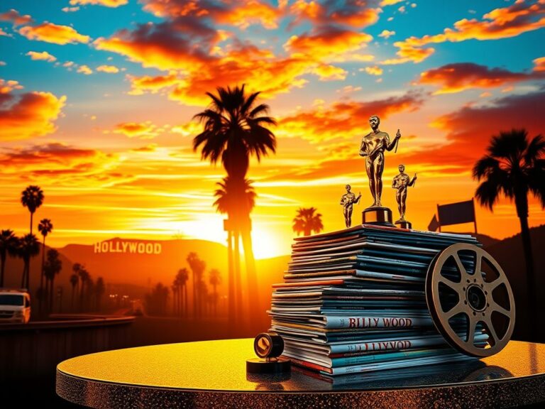 Flick International Sunset over palm-lined boulevard with celebrity magazines and awards