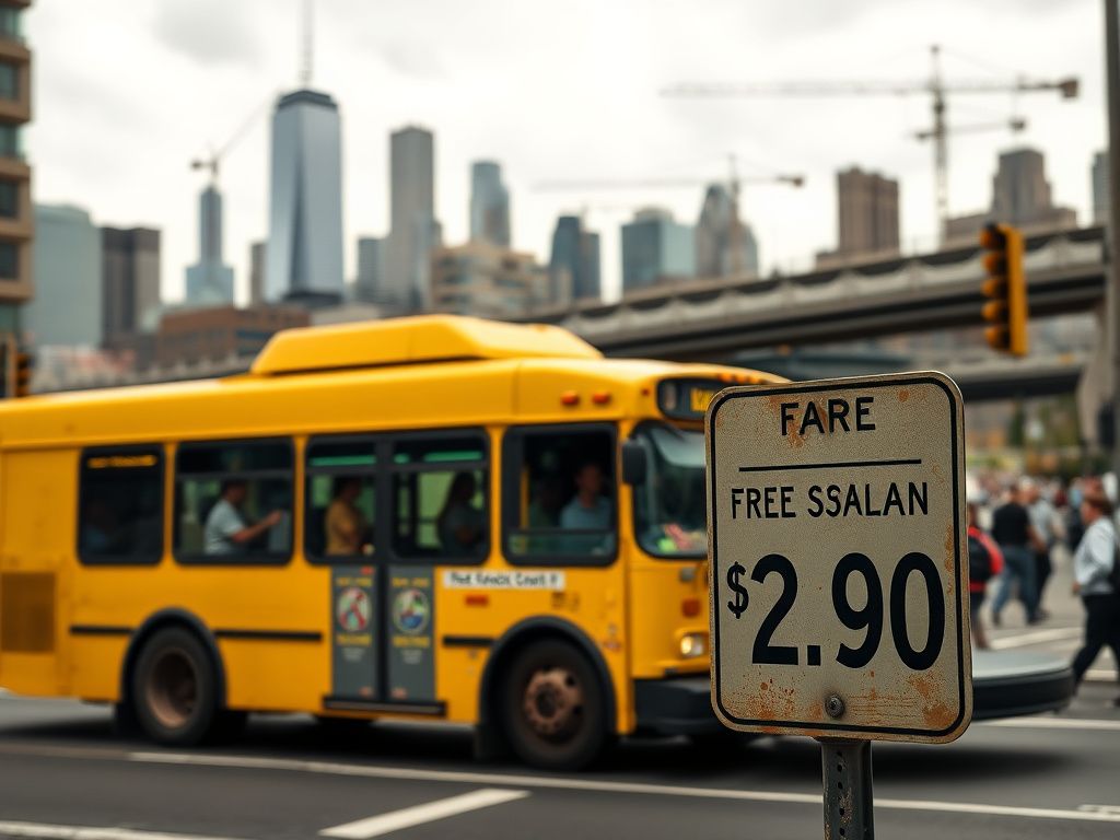 Flick International A bright yellow bus in motion on a bustling New York City street, symbolizing the free bus plan.