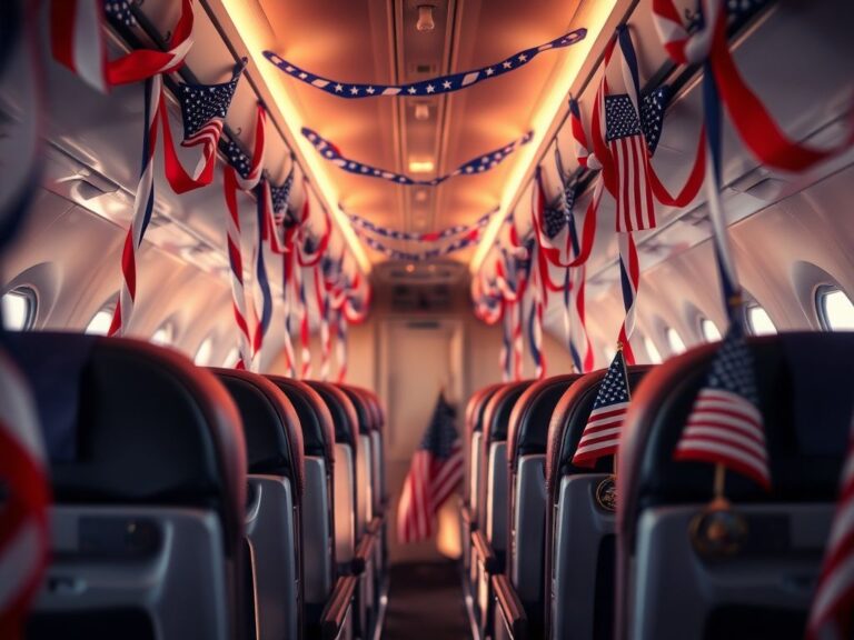 Flick International Interior view of a festive airplane cabin honoring veterans with challenge coins
