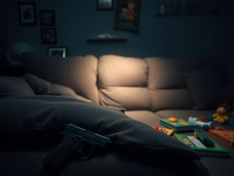 Flick International A dimly lit living room with a handgun partially visible beneath a couch cushion