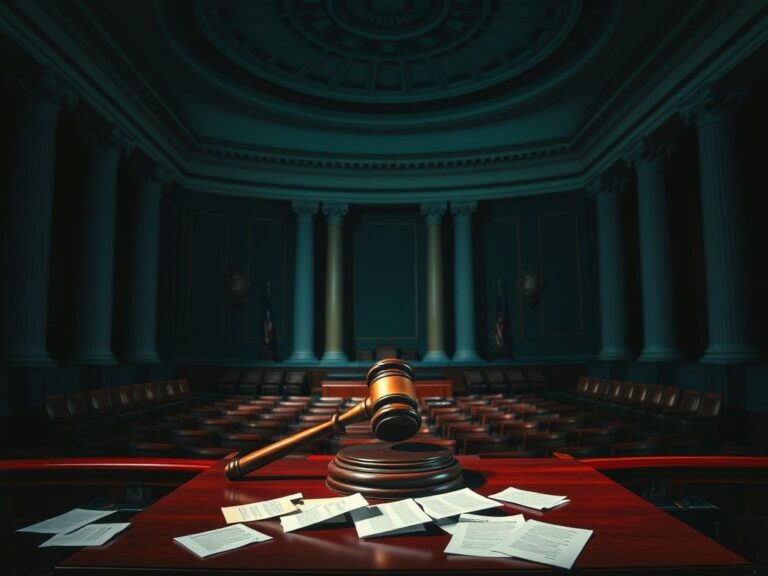 Flick International Dimly lit empty Senate chamber showcasing tall pillars and ornate ceiling with an empty gavel on podium