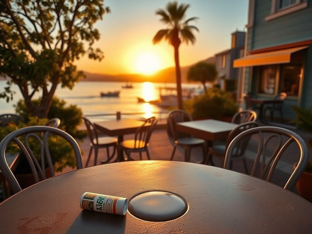 Flick International A serene coastal town at sunset with an empty outdoor café and discarded cigarette pack symbolizing the tobacco ban
