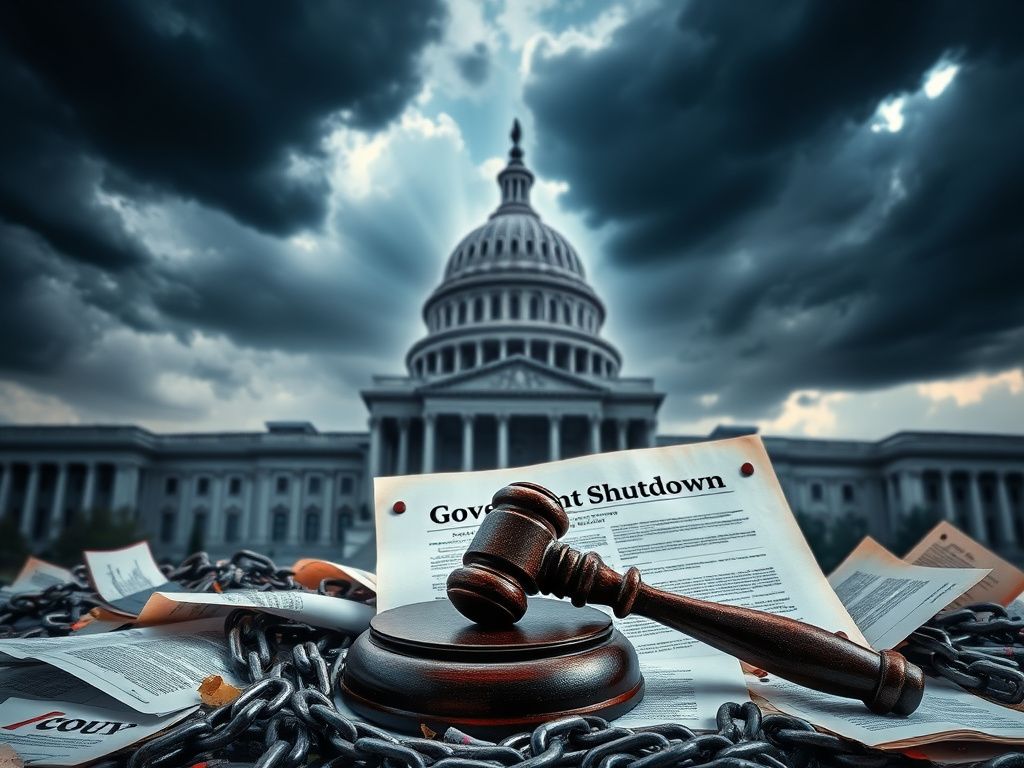 Flick International Government building under dark storm clouds with gavel and document representing legislative struggle over government shutdown