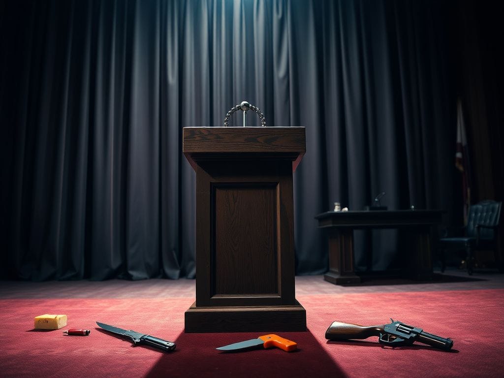 Flick International A dimly lit congressional chamber with a weathered wooden podium, a butter knife, and a toy gun on the ground symbolizing a political debate