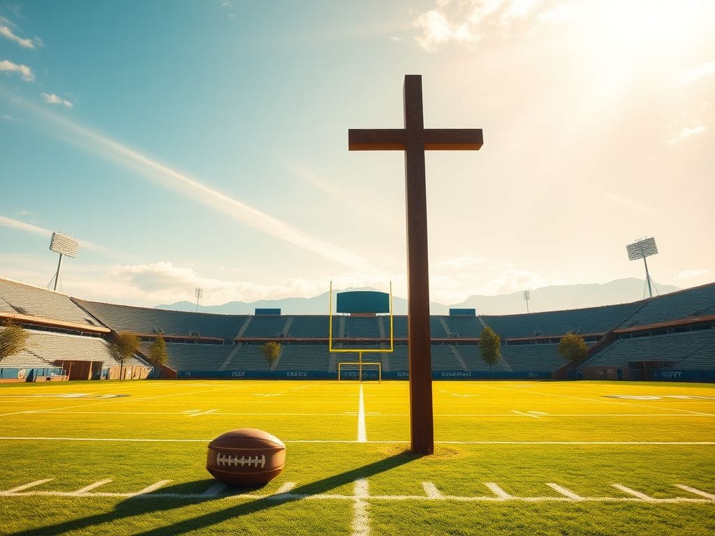 Flick International A serene NFL stadium scene featuring a wooden cross near the goalpost symbolizing faith