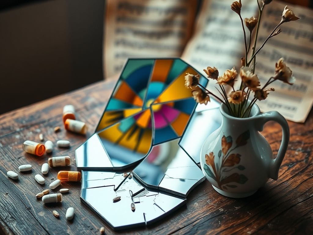Flick International Close-up of a shattered mirror on a wooden table reflecting vibrant colors