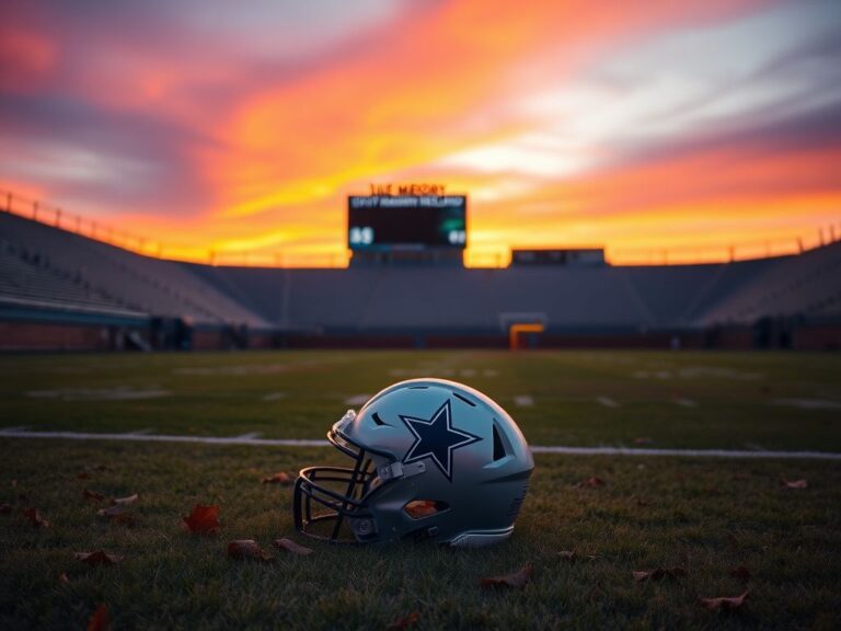 Flick International A Dallas Cowboys helmet with a black ribbon on a football field at sunset