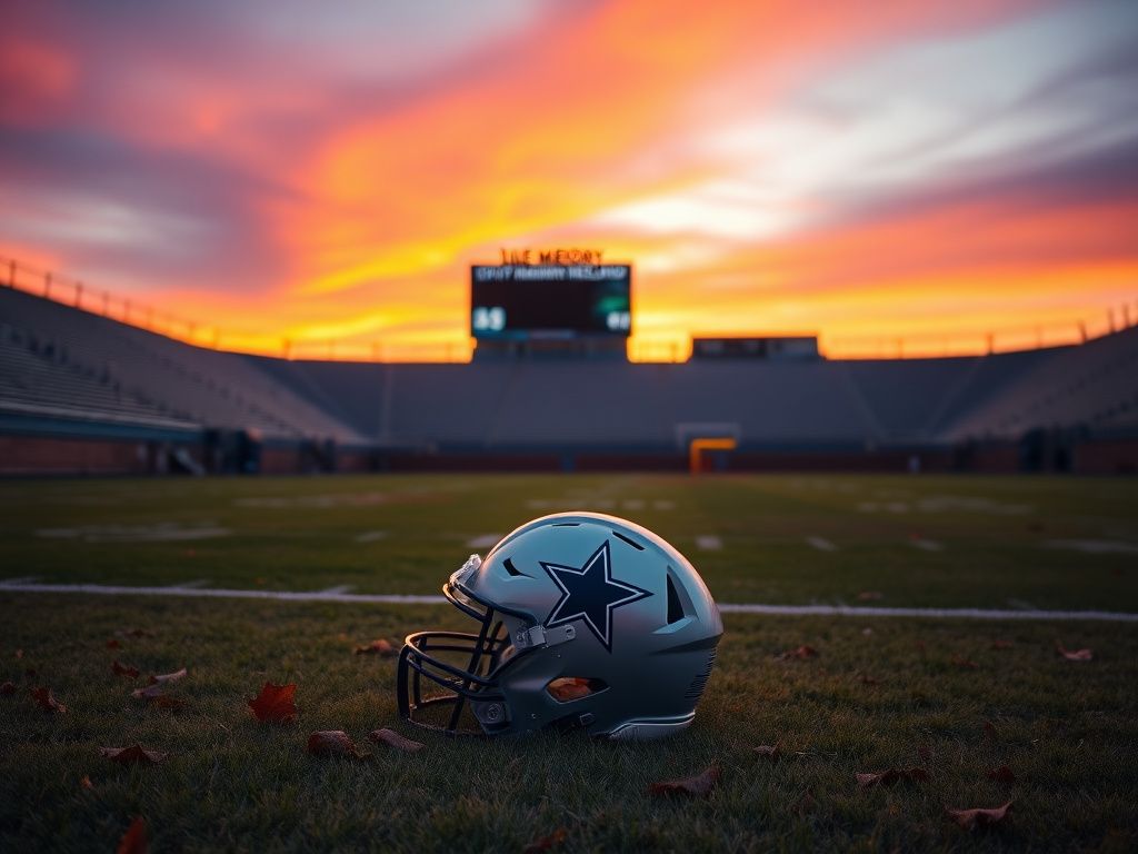 Flick International A Dallas Cowboys helmet with a black ribbon on a football field at sunset