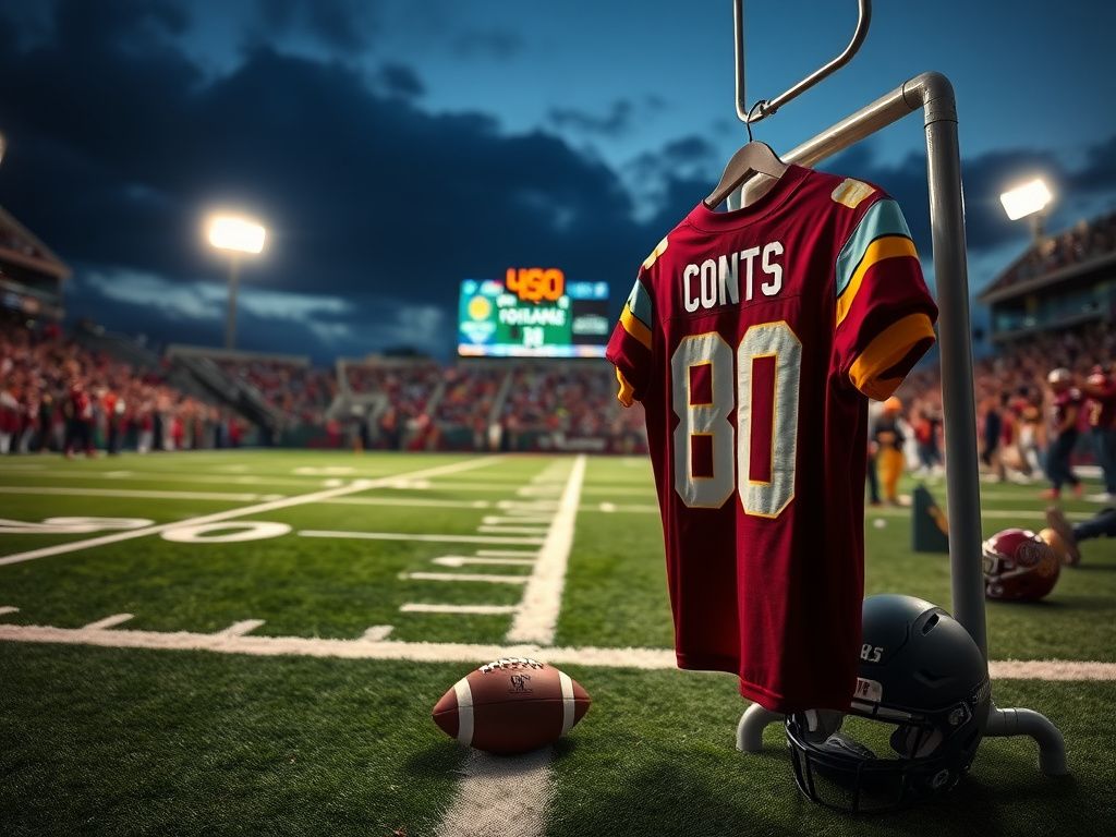 Flick International Dramatic view of a football field with jerseys on display