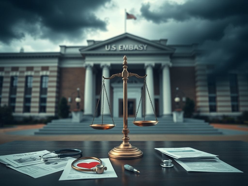 Flick International A somber U.S. embassy scene representing visa evaluation processes