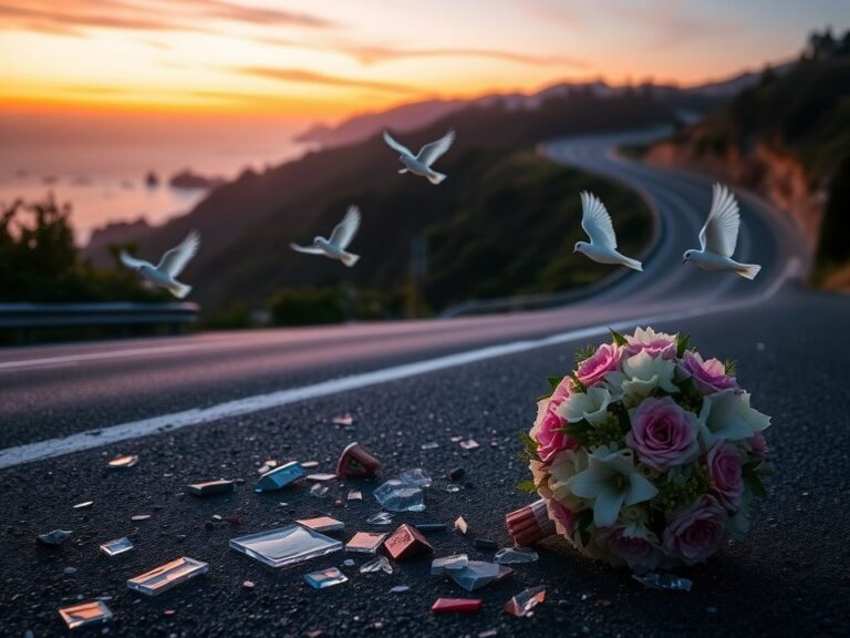 Flick International Shattered glass and debris on the Pacific Coast Highway with four white doves flying at sunset, symbolizing lost lives