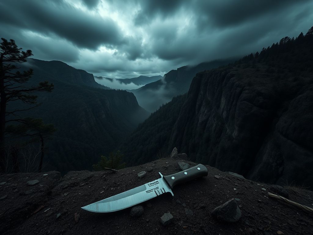 Flick International A dark and foreboding landscape in the Angeles National Forest with a cliff edge overlooking a misty valley