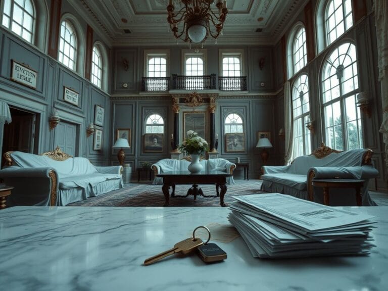 Flick International A luxurious but empty mansion interior with dust-covered furniture and eviction notices on the wall