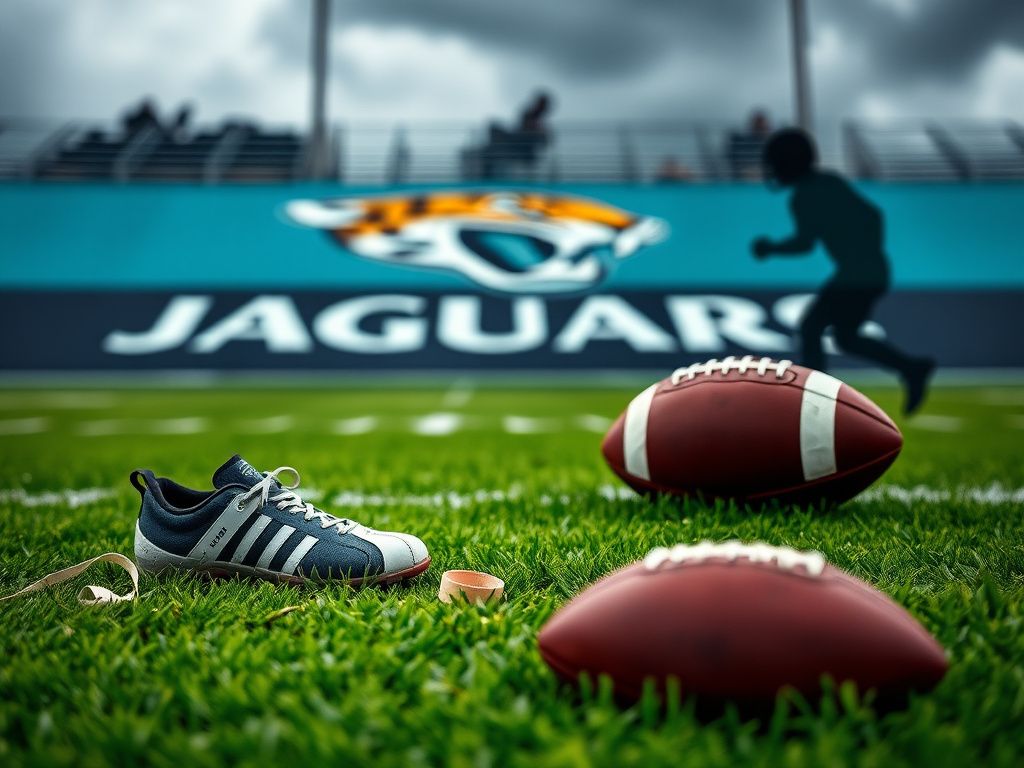Flick International Abandoned football cleats and a medical brace on a Jacksonville Jaguars field representing Travis Hunter's injury