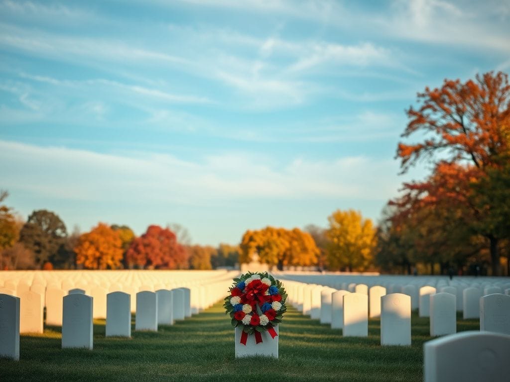 Flick International Rows of white gravestones at Arlington National Cemetery surrounded by vibrant autumn trees