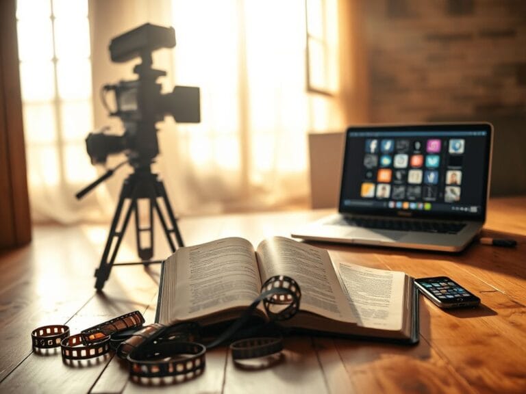 Flick International A vintage film set capturing the essence of classic cinema with a film camera and scattered reels.