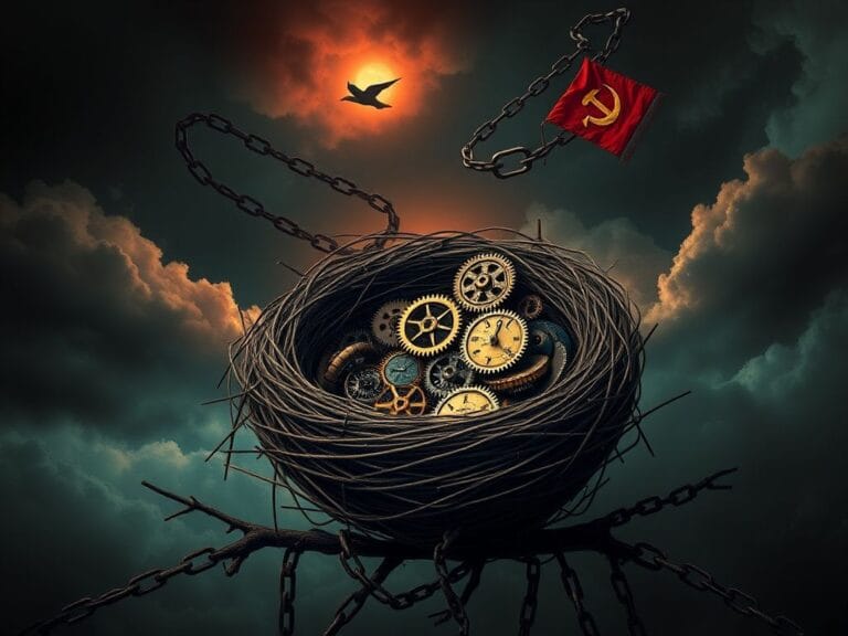 Flick International Abstract representation of a bird's nest filled with clockwork gears against a stormy sky