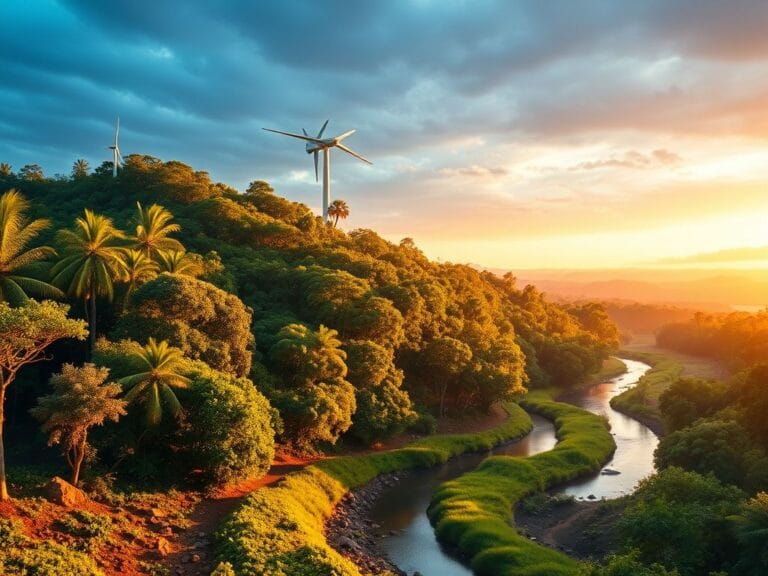 Flick International Lush Amazon rainforest landscape with a winding river and renewable energy technology