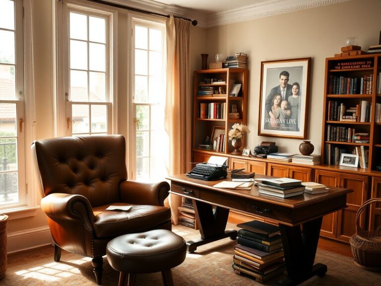 Flick International A serene home office space belonging to Eddie Murphy, showcasing a leather armchair and vintage desk.