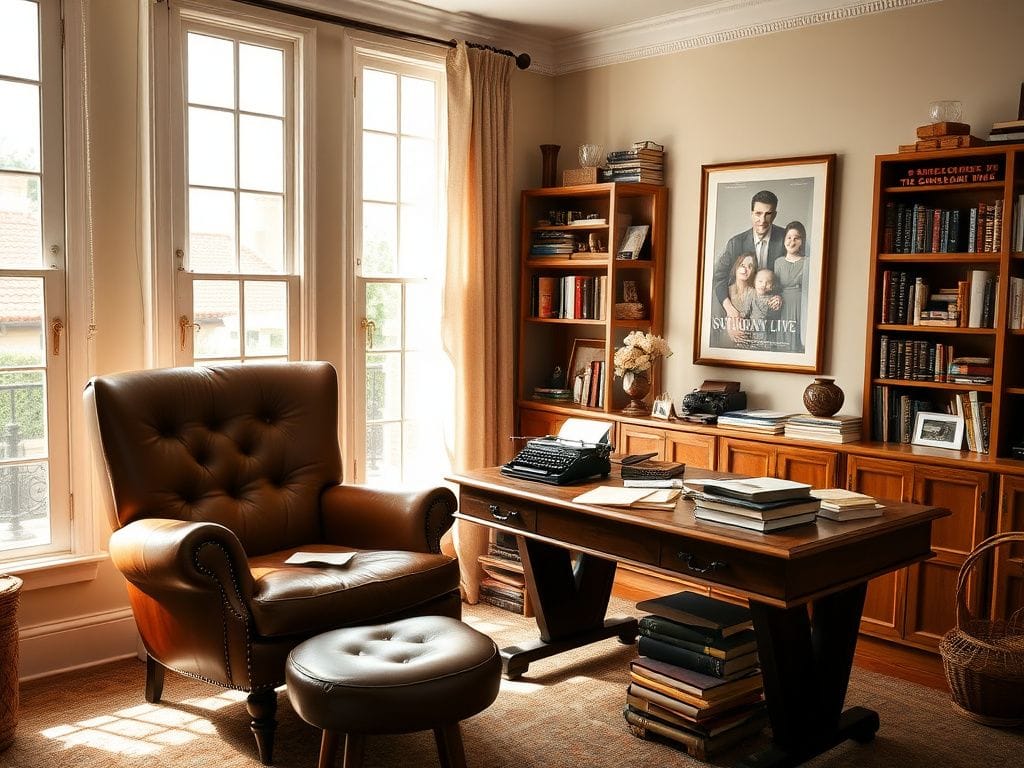 Flick International A serene home office space belonging to Eddie Murphy, showcasing a leather armchair and vintage desk.