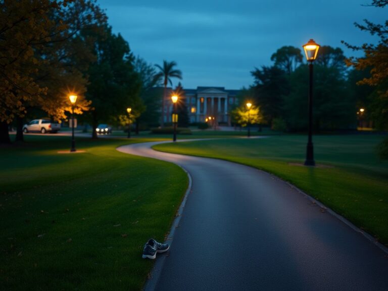Flick International Tranquil jogging path at dusk with abandoned running shoes