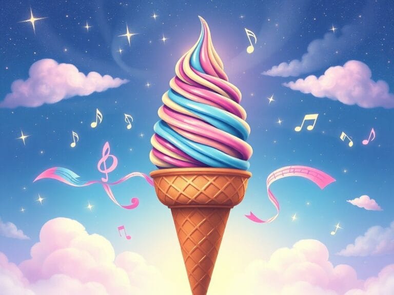 Flick International A whimsical ice cream cone topped with a colorful scoop resembling a moonbeam against a starry sky