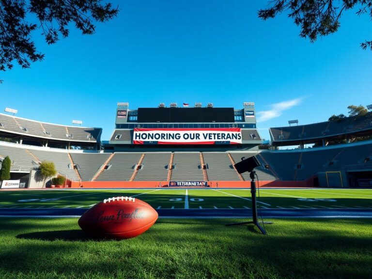 Flick International A vibrant football stadium honoring Veterans Day with American flags and a microphone symbolizing media presence