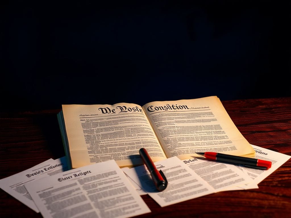 Flick International Open U.S. Constitution illuminated on dark wood table with highlighted papers and a red ink pen